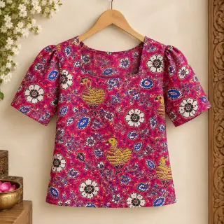 Traditional Kalamkari Cotton Fabric – Pink Bird and Floral — photo 4