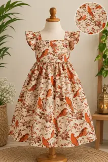 Traditional Kalamkari Cotton Fabric – Cream Orange Birds — photo 2