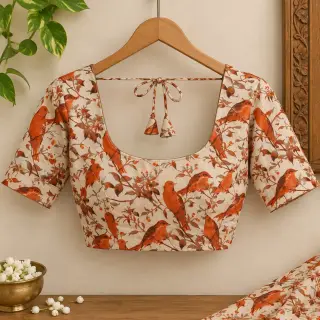 Traditional Kalamkari Cotton Fabric – Cream Orange Birds — photo 3