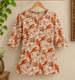 Traditional Kalamkari Cotton Fabric – Cream Orange Birds — photo 4