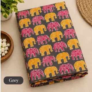 Traditional Kalamkari Cotton Fabrics – Grey Elephant Parade — photo 1