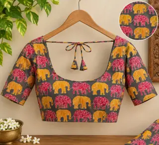 Traditional Kalamkari Cotton Fabrics – Grey Elephant Parade — photo 3