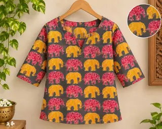 Traditional Kalamkari Cotton Fabrics – Grey Elephant Parade — photo 4