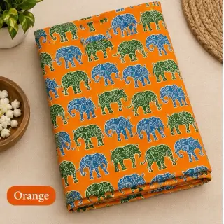 Traditional Kalamkari Cotton Fabric – Orange Elephant Parade — photo 1