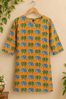 Traditional Kalamkari Cotton Fabric – Orange Elephant Parade — photo 4