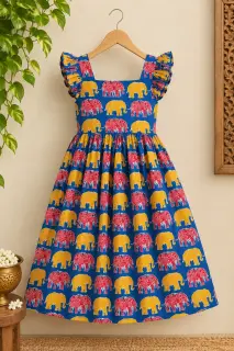 Traditional Kalamkari Cotton Fabric – Blue Elephant Parade — photo 2