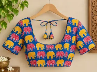 Traditional Kalamkari Cotton Fabric – Blue Elephant Parade — photo 3
