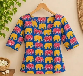 Traditional Kalamkari Cotton Fabric – Blue Elephant Parade — photo 4