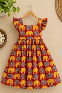 Kalamkari Cotton Fabric – Red Elephant Parade — photo 2