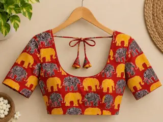 Kalamkari Cotton Fabric – Red Elephant Parade — photo 3