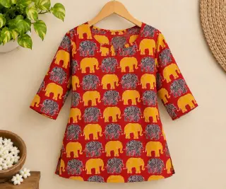 Kalamkari Cotton Fabric – Red Elephant Parade — photo 4