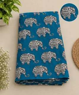 Traditional Kalamkari Cotton Fabric – Teal Elephant — photo 1