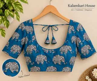 Traditional Kalamkari Cotton Fabric – Teal Elephant — photo 3