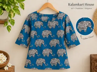 Traditional Kalamkari Cotton Fabric – Teal Elephant — photo 4