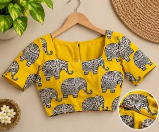Traditional Kalamkari Cotton Fabric – Yellow Elephant — photo 3