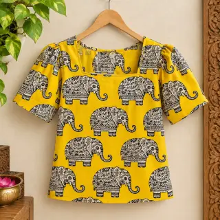 Traditional Kalamkari Cotton Fabric – Yellow Elephant — photo 4