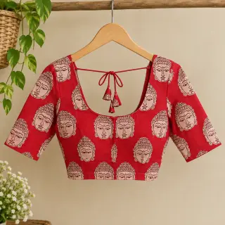 Traditional Kalamkari Cotton Fabric – Red Buddha Face — photo 3