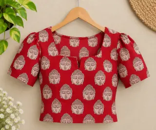 Traditional Kalamkari Cotton Fabric – Red Buddha Face — photo 4