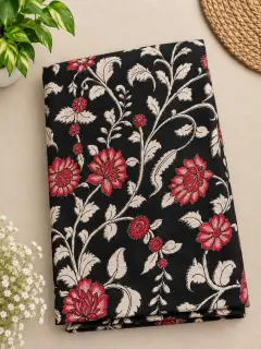 Traditional Kalamkari Cotton Fabric – Black and Red Floral — photo 1