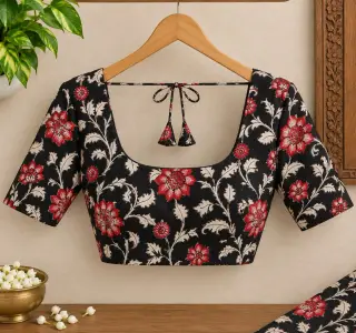Traditional Kalamkari Cotton Fabric – Black and Red Floral — photo 3