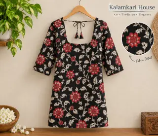 Traditional Kalamkari Cotton Fabric – Black and Red Floral — photo 4