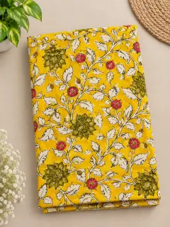 Traditional Kalamkari Cotton Fabric – Yellow Floral Vine — photo 1