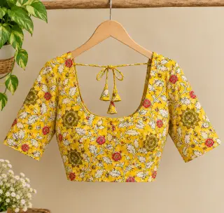 Traditional Kalamkari Cotton Fabric – Yellow Floral Vine — photo 3
