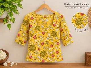 Traditional Kalamkari Cotton Fabric – Yellow Floral Vine — photo 4