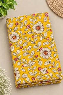 Traditional Kalamkari Cotton Fabric – Yellow Daisy Vine — photo 1