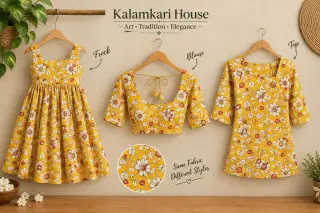 Traditional Kalamkari Cotton Fabric – Yellow Daisy Vine — photo 2
