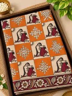Kalamkari Cotton Saree — Orange with red design