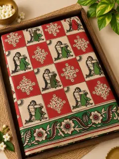 Kalamkari Cotton Saree — Red with Green design