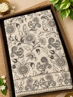 Kalamkari Cotton Saree — White with Black Design design