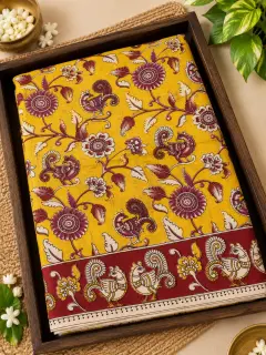 Kalamkari Cotton Saree — Yellow with Maroon Border design