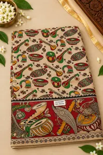 Kalamkari Cotton Saree — Cream with red design