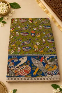Kalamkari Cotton Saree — Light Green design
