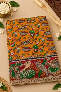 Kalamkari Cotton Saree — Yellow design