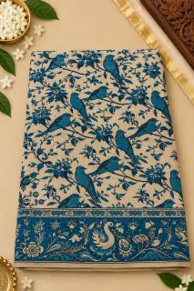Kalamkari Cotton Saree — Sky Blue with peacock  border design