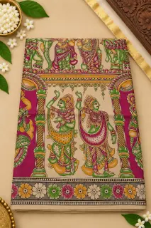 Kalamkari Cotton Saree — Pink and Green design