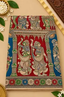 Kalamkari Cotton Saree — Red with Sky Blue design
