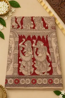 Kalamkari Cotton Saree — Red design