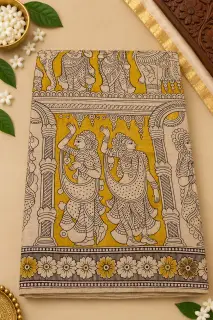 Kalamkari Cotton Saree — Yellow design
