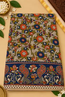 Kalamkari Cotton Saree — Green design