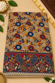 Kalamkari Cotton Saree — Mustard Yellow design