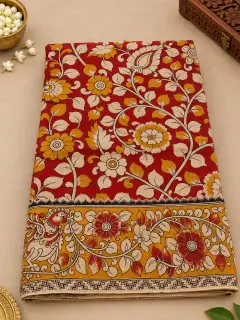 Kalamkari Cotton Saree — Red design