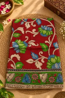 Kalamkari Cotton Saree — Maroon with Green Border design