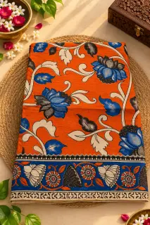 Kalamkari Cotton Saree — Orange with Blue Border design