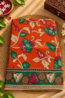 Kalamkari Cotton Saree — Orange with Dark Green Border design
