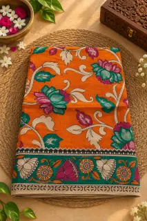 Kalamkari Cotton Saree — Yellow with Dark Green Border design