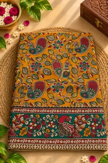 Kalamkari Cotton Saree — Yellow with Green design
